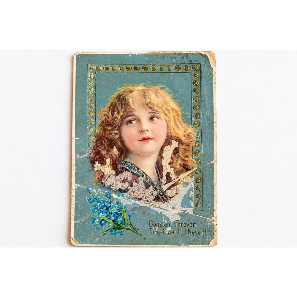 Antique c1910 Girl Portrait Forget Me Not Postcard Germany 1940 Pulaski Postmark